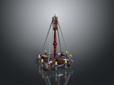 Vintage Wooden Chandelier Lighting Combination With Decorative Chains And Glass Bulbs 3d model