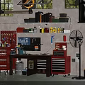 Organized Garage Workshop With Workbench Tool Cabinets Tools Bottles On Shelves And Floor Fan