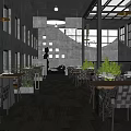 Industrial Style Restaurant Open Space With Concrete Walls Metal Frames And Green Plants
