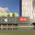 Modern Office Building With Greenery Top JD Logo OM Sign Glass Wall Lawn And Pedestrians