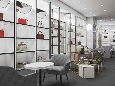 Modern Elegant Boutique with Glass Display Shelves Red Beige Handbags Gray Sofas White Round Tables 3d model
