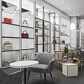 Modern Elegant Boutique with Glass Display Shelves Red Beige Handbags Gray Sofas White Round Tables