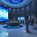 Modern Lobby Interior With Circular Reception Desk Blue Digital Screen And Chinese Characters