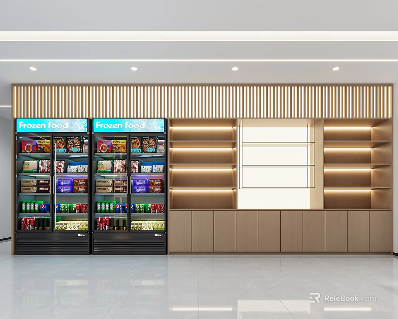 Modern Retail Display Cabinets And Shelves With Glass Doors Layered Lighting And Products 3d model 