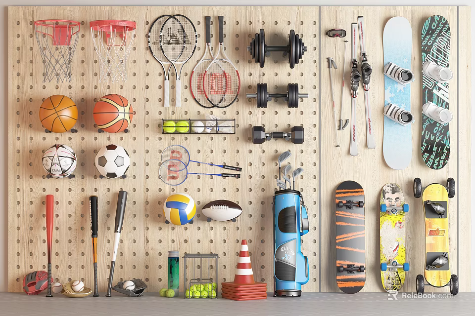 Variety of Sports Equipment with Basketballs Soccer Balls Dumbbells Skateboards Badminton Rackets Organized on Wall 3d model 