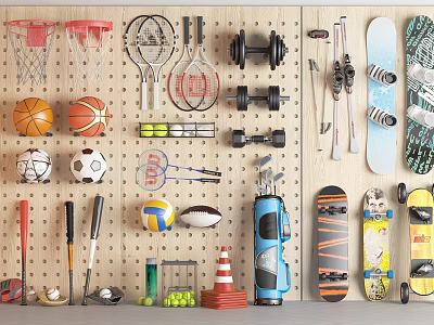 Variety of Sports Equipment with Basketballs Soccer Balls Dumbbells Skateboards Badminton Rackets Organized on Wall 3d model