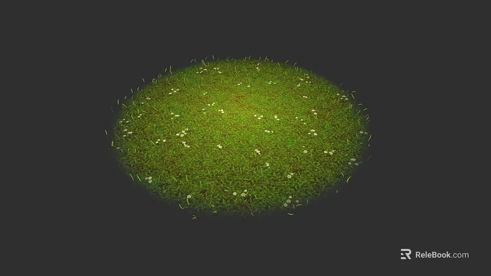 Circular Lush Green Grass With Small White Flowers on Dark Background 3d model