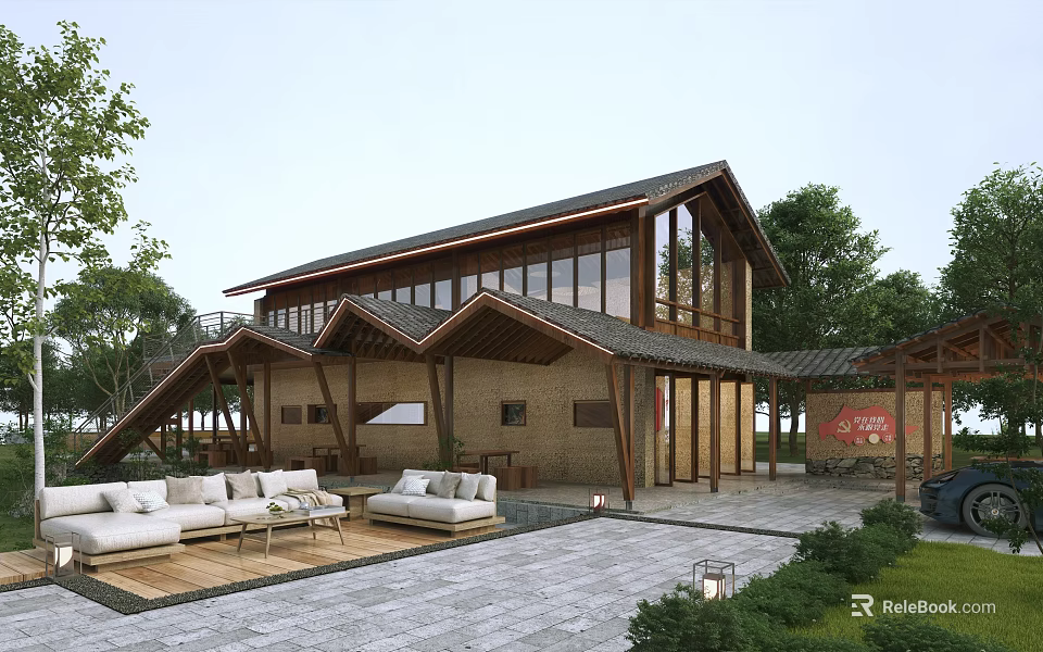 Traditional Style Homestay Building With Wooden Structure Large Glass Windows Courtyard And Outdoor Seating Area 3d model 