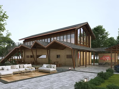 Traditional Style Homestay Building With Wooden Structure Large Glass Windows Courtyard And Outdoor Seating Area 3d model