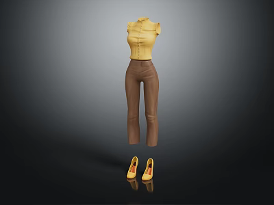 Yellow Sleeveless Top With Brown Trousers And Yellow Shoes Stylish Casual Outfit 3d model