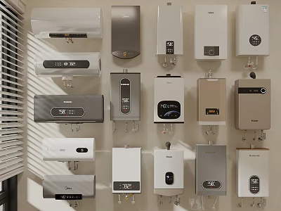 Various Wall Mounted Water Heaters With Different Designs And Brands On 3d model
