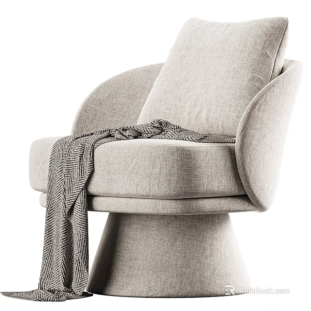 Modern Light Gray Upholstered Leisure Chair With Curved Armrests Round Base And Striped Blanket 3d model 