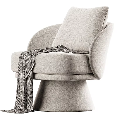 Modern Light Gray Upholstered Leisure Chair With Curved Armrests Round Base And Striped Blanket 3d model