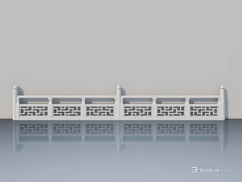 White Landscape Sculpture Railing With Carved Patterns And Pillars On Light Colored Wall With Reflection 3d model