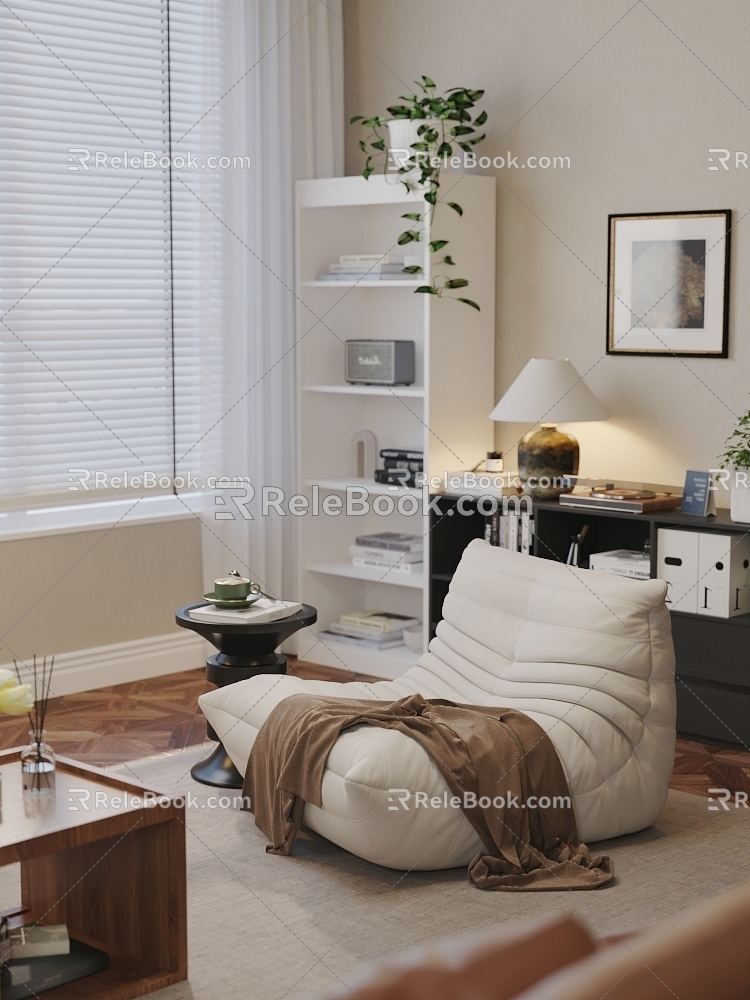 Living Room Single Sofa Side Table Caterpillar Sofa Bookcase Coffee Coffee Table Table Lamp Ornaments Blanket 3d model