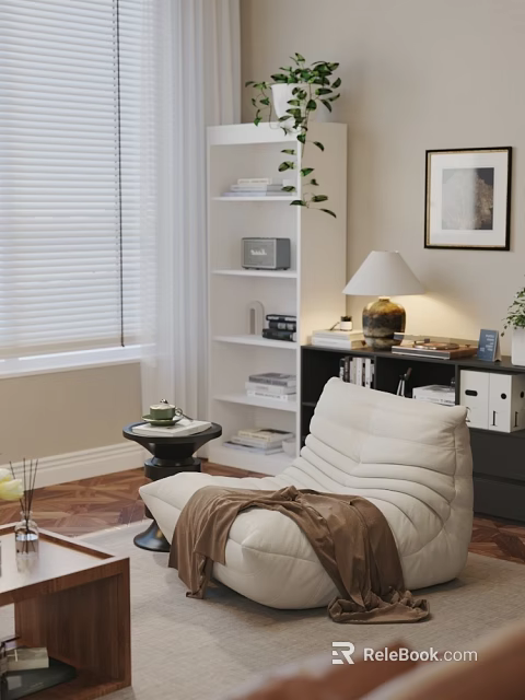 White Single Sofa with Brown Blanket in Living Room Beside White Bookshelf and Table Lamp 3d model 