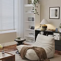 White Single Sofa with Brown Blanket in Living Room Beside White Bookshelf and Table Lamp