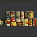 Various Stacked Canned Food With Colorful Labels And Different Brands