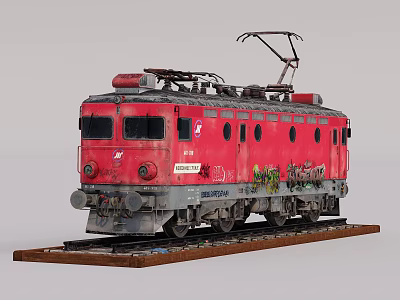 Vintage Red Train Model with Graffiti and Pantograph on Display Tracks 3d model