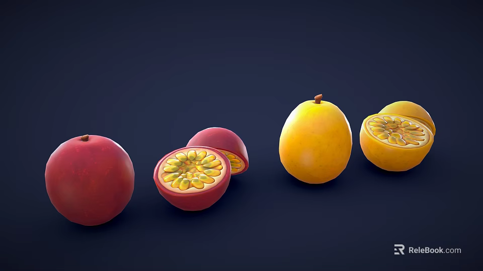Fresh Whole and Halved Passion Fruits with Juicy Seeds and Ripe Mangoes on Dark Background 3d model 