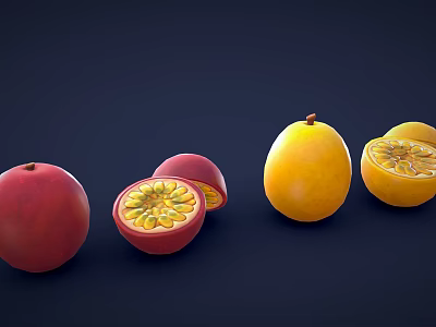 Fresh Whole and Halved Passion Fruits with Juicy Seeds and Ripe Mangoes on Dark Background 3d model
