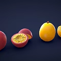 Fresh Whole and Halved Passion Fruits with Juicy Seeds and Ripe Mangoes on Dark Background