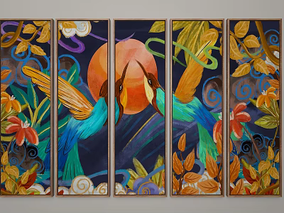 Vibrant Hummingbird Paintings With Colorful Flowers Leaves And Orange Sun Design 3d model