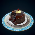 Chocolate Lava Cake With Whipped Cream And Cherry On Blue White Patterned Plate