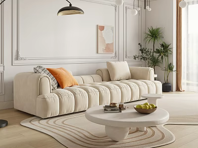 Modern Velvet Sectional Sofa With Orange Gray Pillows Round Coffee Table Plants And Wall Painting 3d model
