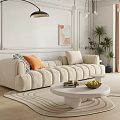 Modern Velvet Sectional Sofa With Orange Gray Pillows Round Coffee Table Plants And Wall Painting