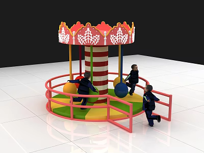 Colorful Commercial Carousel Equipment With Decorative Top Red Railings And Children Playing 3d model
