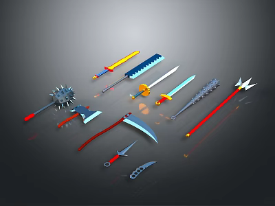 Different Types of Weapons Including Swords Axes Scythes Maces And Daggers With Colorful Designs 3d model