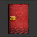 Red Metal Oil Drum With Yellow Warning Label And Rustic Surface