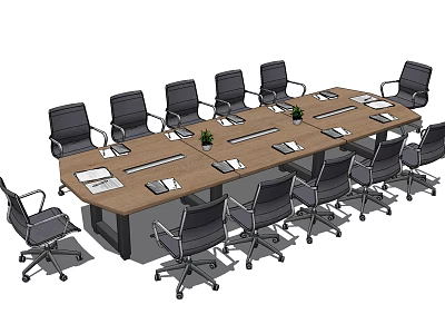 Wooden Conference Table with Small Plants and Documents Surrounded by Multiple Office Chairs 3d model
