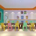 School Classroom With Blue White Walls Round Tables Purple Lavender And Circular Windows