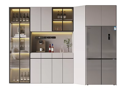 Modern Kitchen Wine Cabinet With Glass Doors Built in Lighting And Wine Bottles 3d model