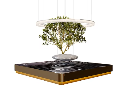 Stylish Garden Ornament Featuring Small Tree Circular Light And Golden Border Platform 3d model