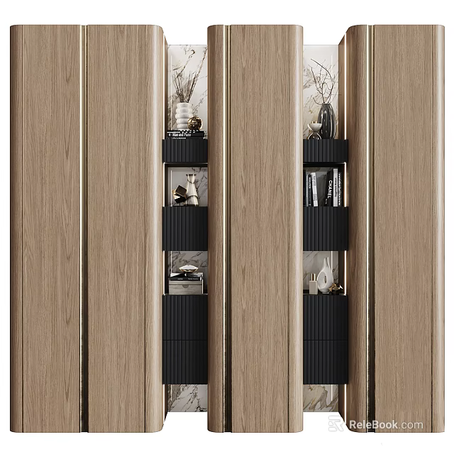 Modern Wooden Bookcase Design With Black Shelves Decorative Items And Books 3d model 