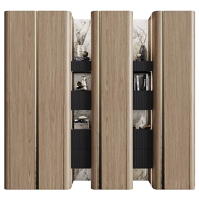 Modern Wooden Bookcase Design With Black Shelves Decorative Items And Books 3d model