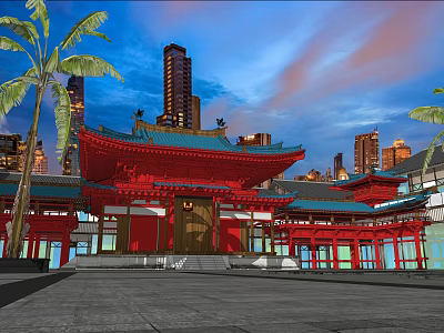 Traditional Red Ancient Building Featuring Blue Roof Against Modern Skyscrapers And Palm Trees 3d model