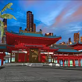 Traditional Red Ancient Building Featuring Blue Roof Against Modern Skyscrapers And Palm Trees