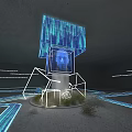 Futuristic Tech Interior With Glowing Blue Display Code Streams Transparent Cube Light Effects And Human Face 3d model