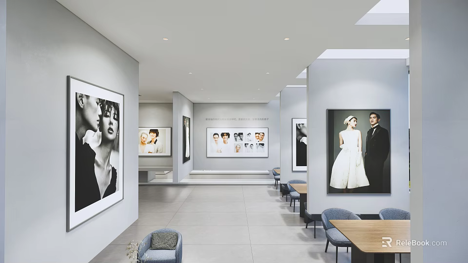 Bridal Shop Interior With Wall Photos Of Wedding Dresses And Couples Reception Area Tables Chairs 3d model 