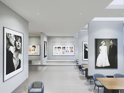 Bridal Shop Interior With Wall Photos Of Wedding Dresses And Couples Reception Area Tables Chairs 3d model