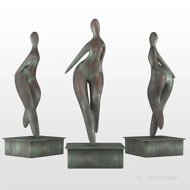 Abstract Human Figure Sculpture Ornament Set with Bronze Colored Pedestals for Home Decor 3d model 