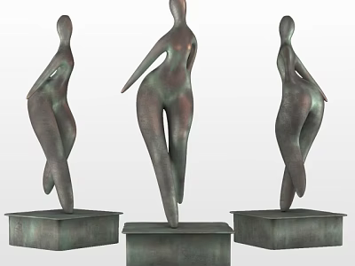 Abstract Human Figure Sculpture Ornament Set with Bronze Colored Pedestals for Home Decor 3d model