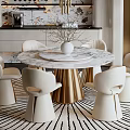 Luxurious Round Marble Dining Table Set With White Chairs Golden Base And Decorative Vase On Rug