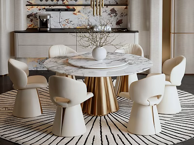 Luxurious Round Marble Dining Table Set With White Chairs Golden Base And Decorative Vase On Rug 3d model