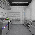 Modern Commercial Kitchen With Stainless Steel Appliances White Tiled Walls Black Ceiling And Spacious Layout