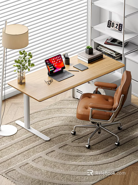 Functional Work Desk With Laptop Phone Stand Green Plant Leather Chair And Floor Lamp 3d model 